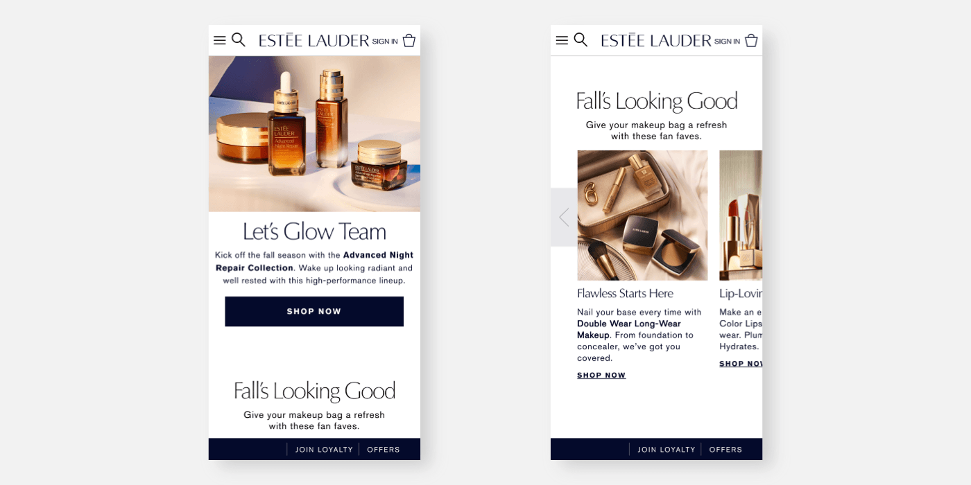 Estée Lauder 공식 웹사이트 모바일 화면 — 클래식 서체 조합이 유지되는 모바일 레이아웃