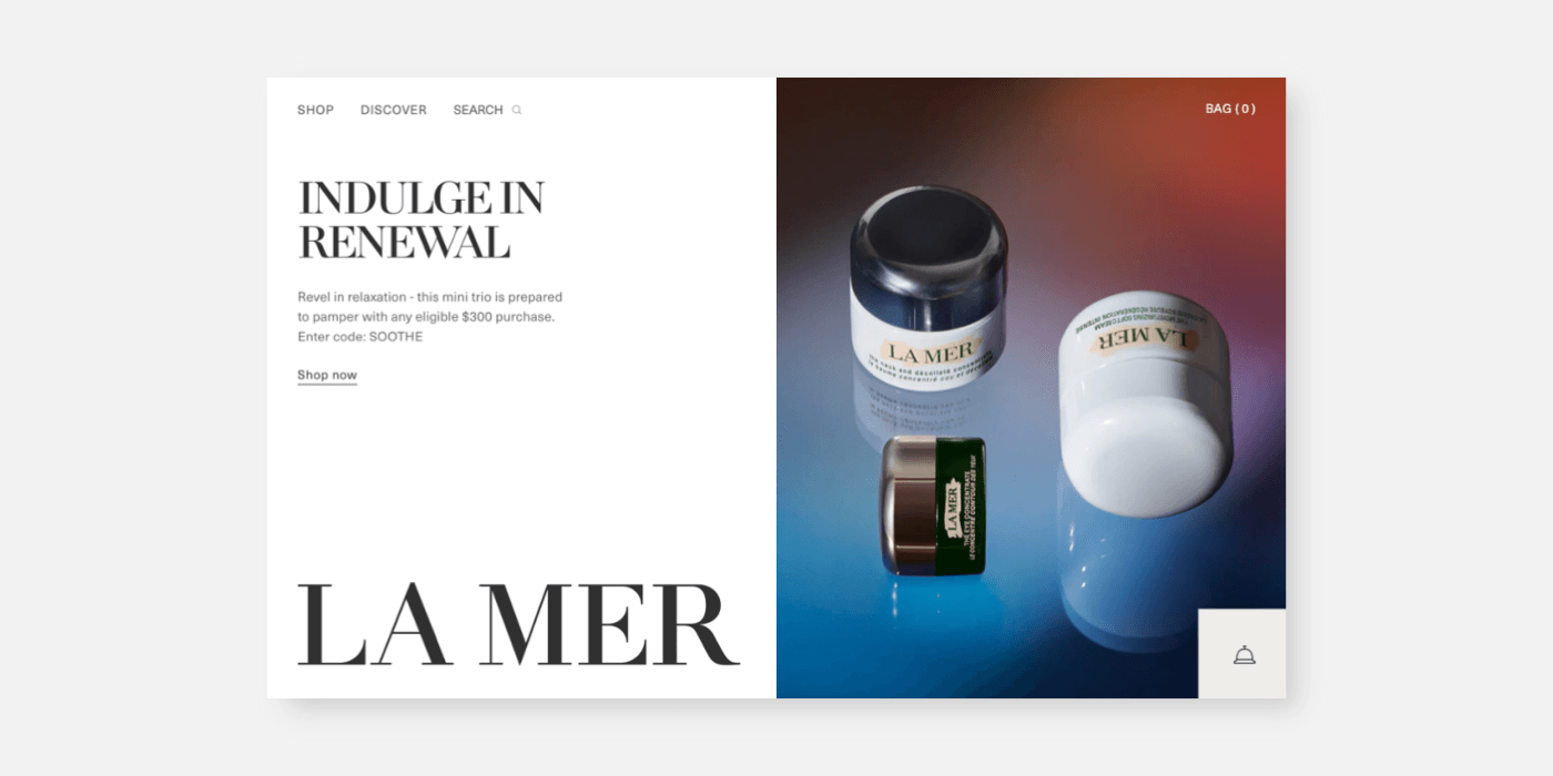 LA MER 공식 웹사이트 데스크톱 화면 — 전용 세리프 로고타입과 Neue Haas Unica 본문
