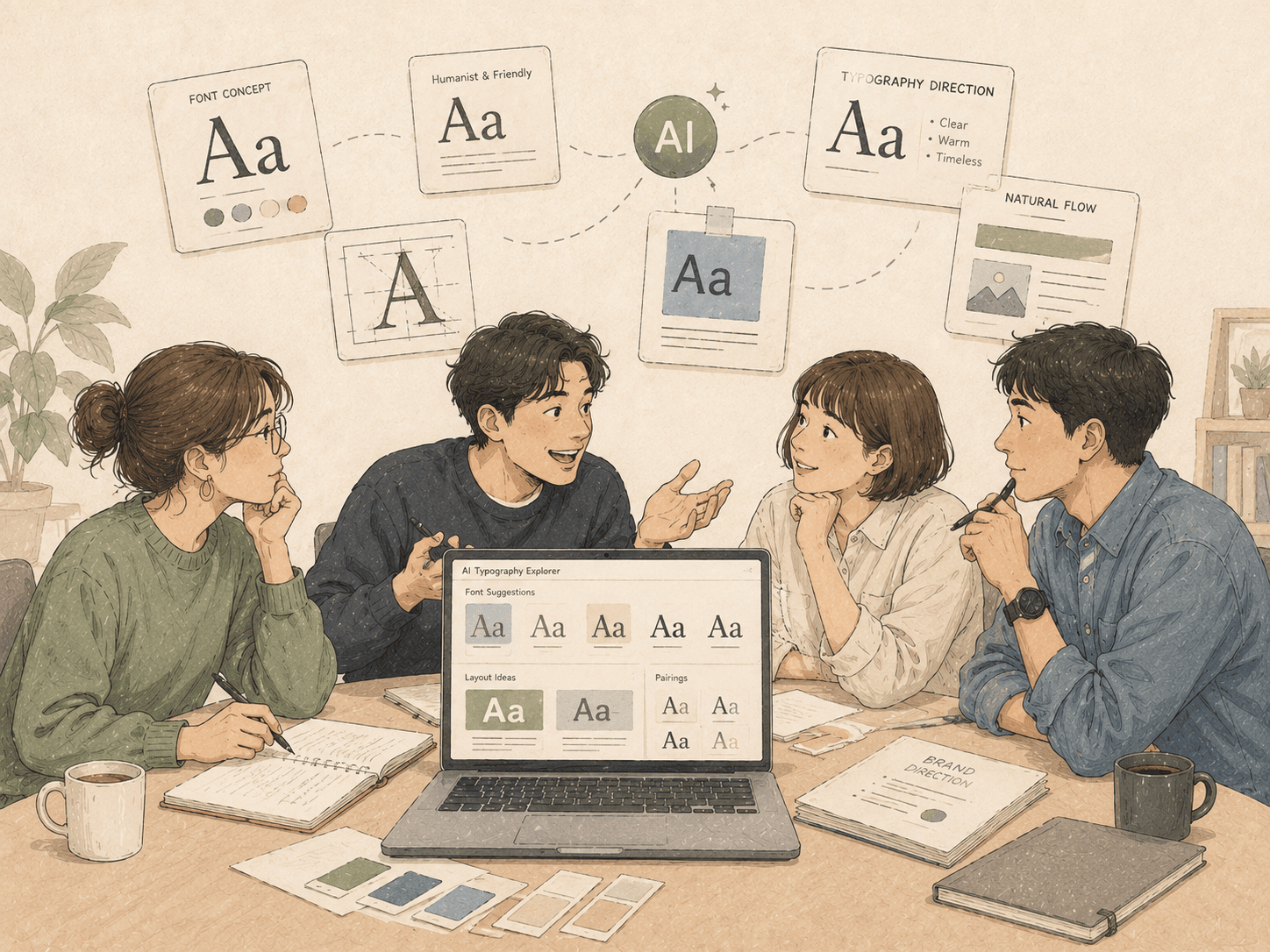 AI 도구를 통해 생성된 서체 방향을 놓고 토론하는 크리에이티브 팀