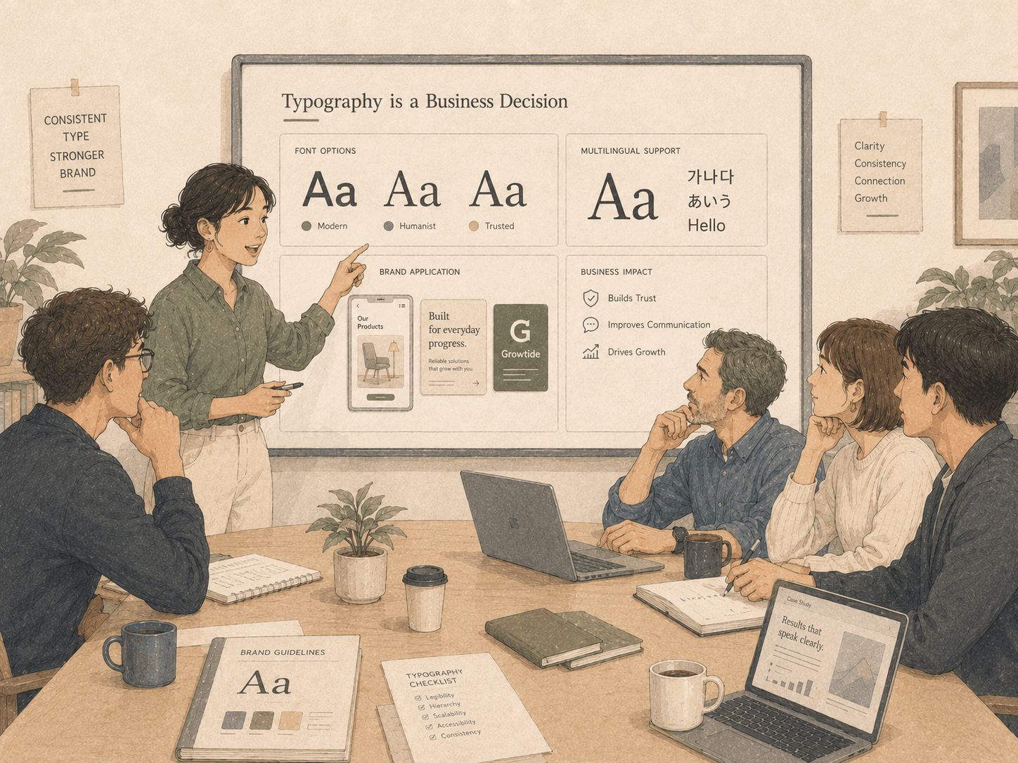 비즈니스 회의에서 Typography is a Business Decision 슬라이드를 발표하는 장면