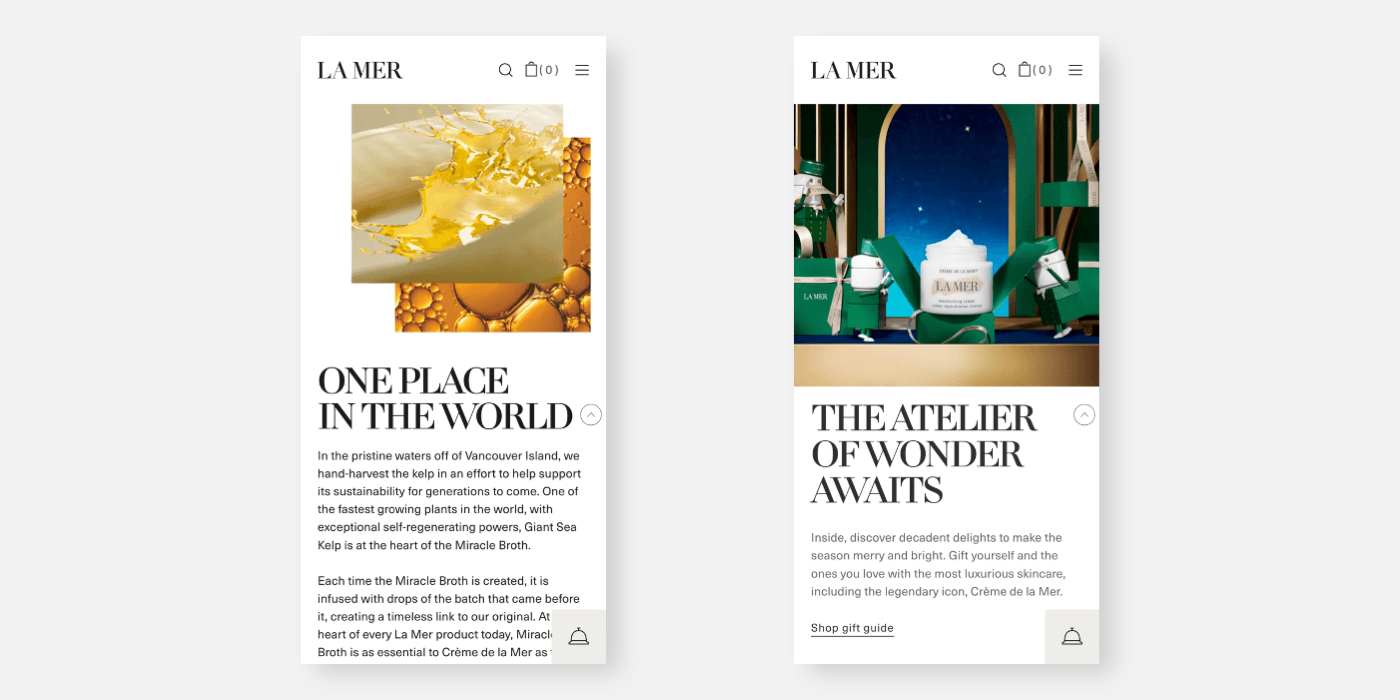 LA MER 공식 웹사이트 모바일 화면 — 미니멀한 Neue Haas Unica 서체 활용 사례