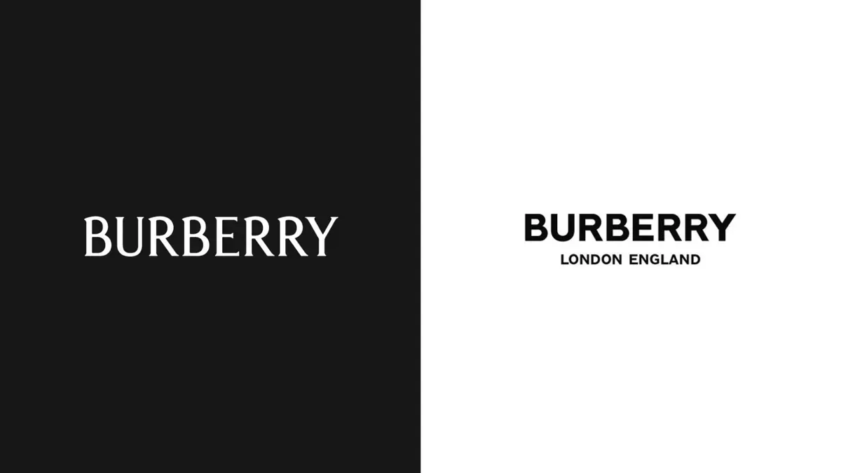 버버리(Burberry) 로고 변화 비교 — 왼쪽: 세리프 로고, 오른쪽: 볼드 산세리프 리브랜딩 로고