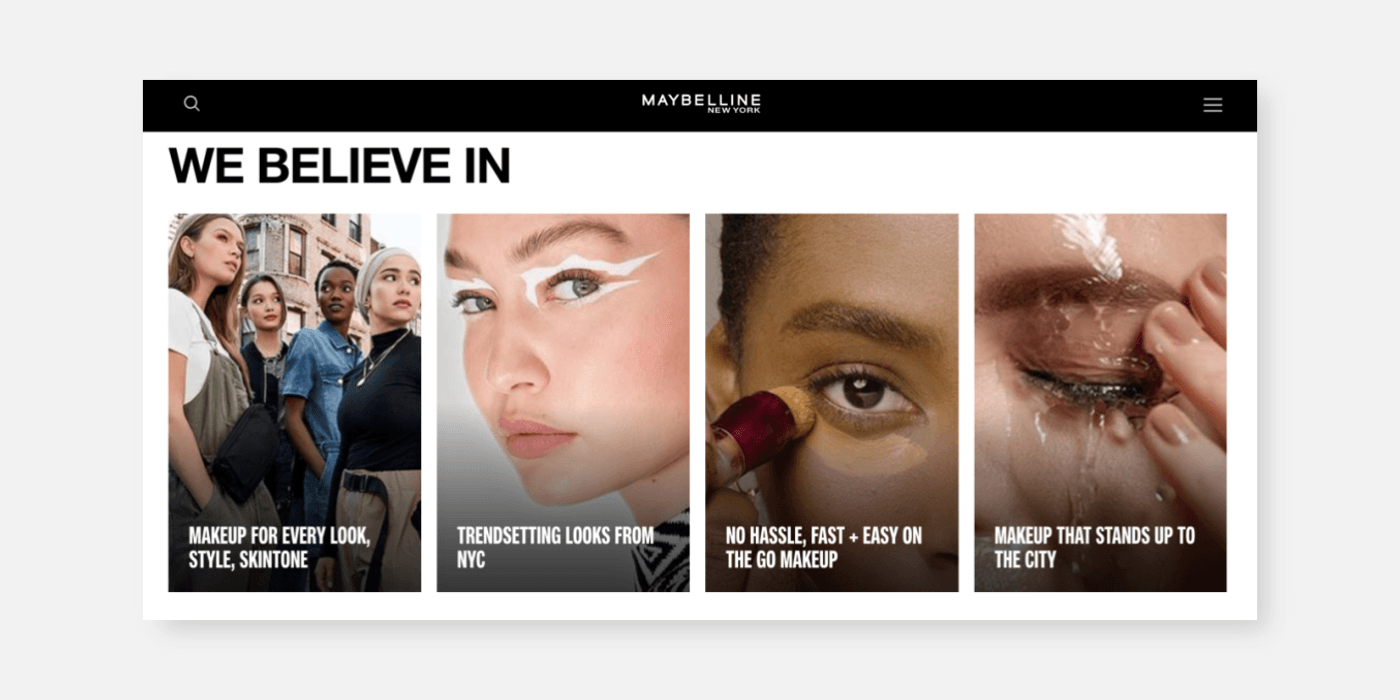 Maybelline 공식 웹사이트 데스크톱 화면 — Neue Helvetica 패밀리로만 구성된 역동적인 레이아웃
