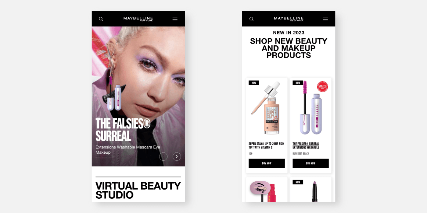 Maybelline 공식 웹사이트 모바일 화면 — 굵기 변화로 시각적 리듬을 만드는 Neue Helvetica