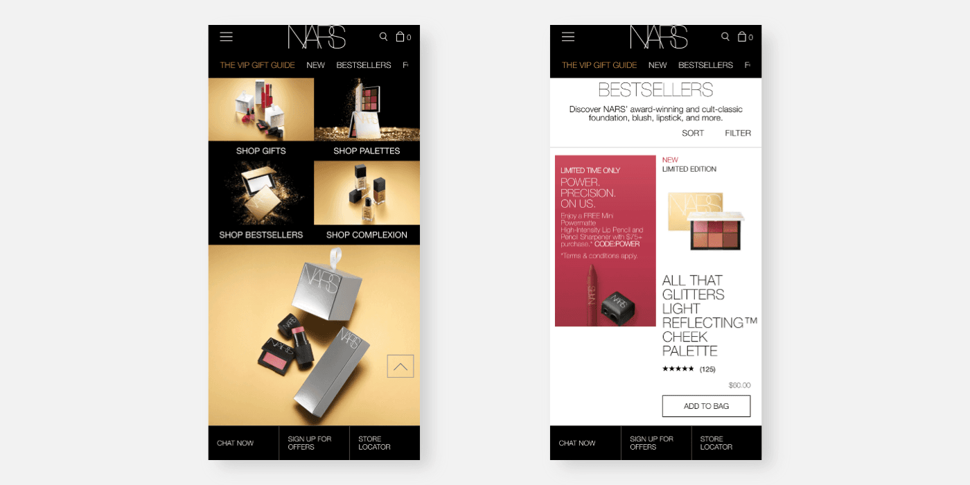 NARS 공식 웹사이트 모바일 화면 — 미니멀하고 세련된 Neue Helvetica 서체 구성