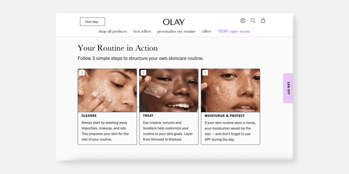 OLAY 공식 웹사이트 데스크톱 화면 — Baskerville 제목과 ITC Franklin 본문이 어우러진 레이아웃