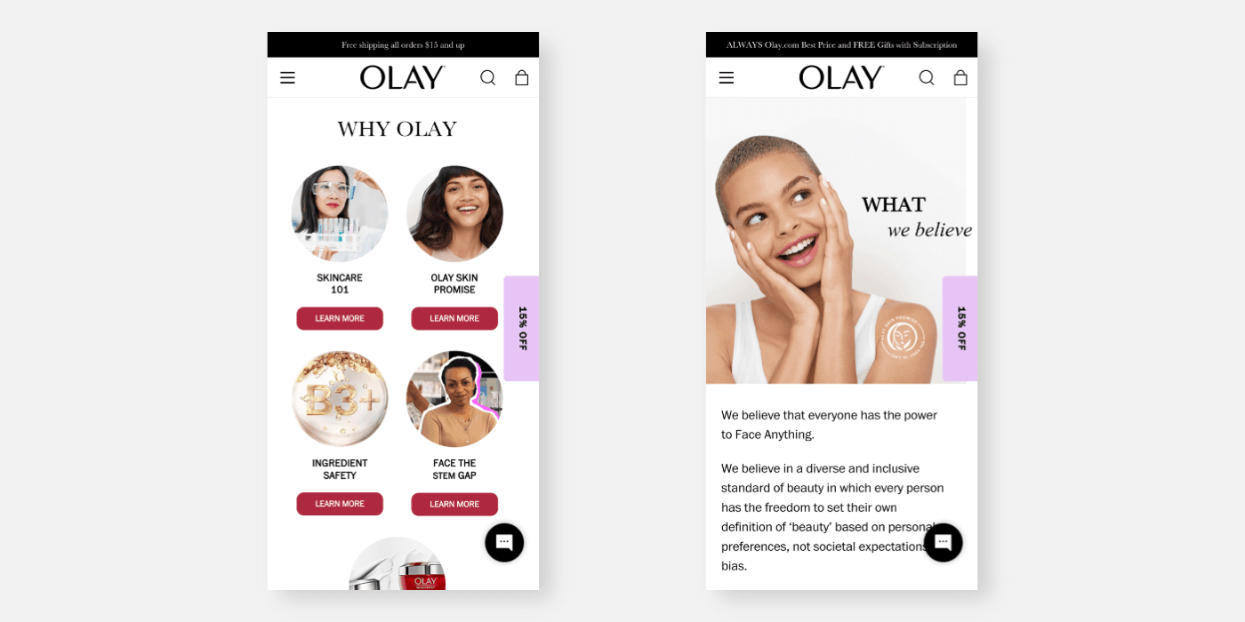 OLAY 공식 웹사이트 모바일 화면 — 세리프와 산세리프 서체 조합의 모바일 레이아웃