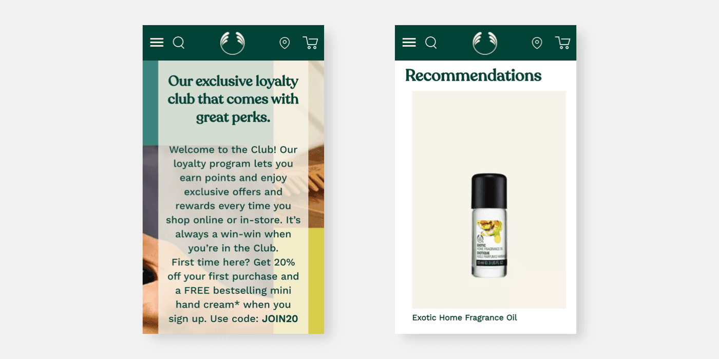 The Body Shop 공식 웹사이트 모바일 화면 — 둥글고 따뜻한 Recoleta 서체 제목이 돋보이는 섹션
