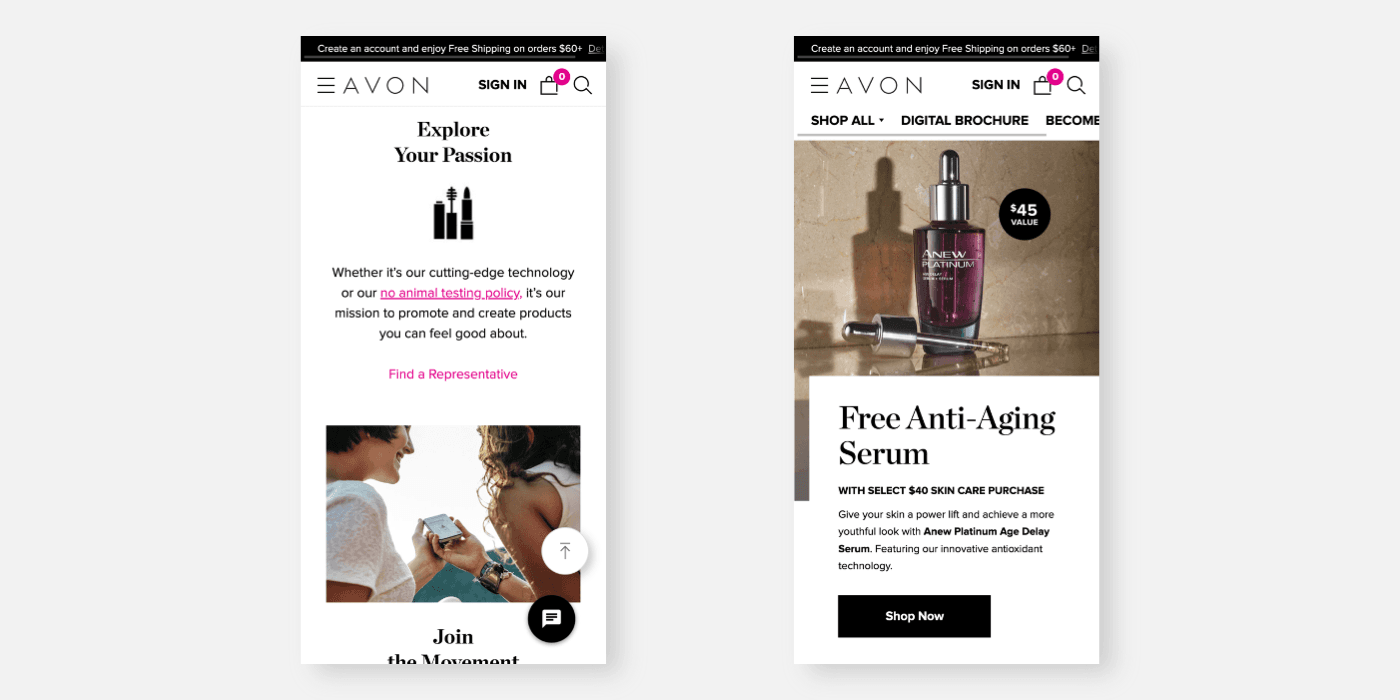 AVON 공식 웹사이트 모바일 화면 — Proxima Nova 서체의 모바일 레이아웃
