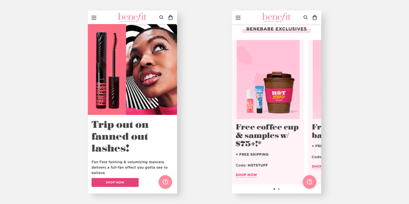 benefit 공식 웹사이트 모바일 화면 — 강렬한 헤딩 서체가 돋보이는 모바일 레이아웃