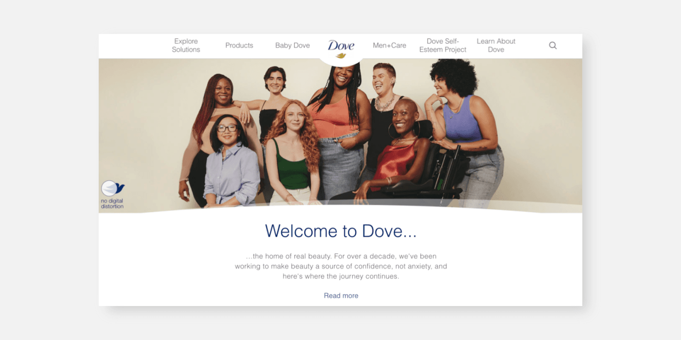 Dove 공식 웹사이트 데스크톱 화면 — Helvetica 서체와 다양성 캠페인 이미지가 어우러진 홈페이지