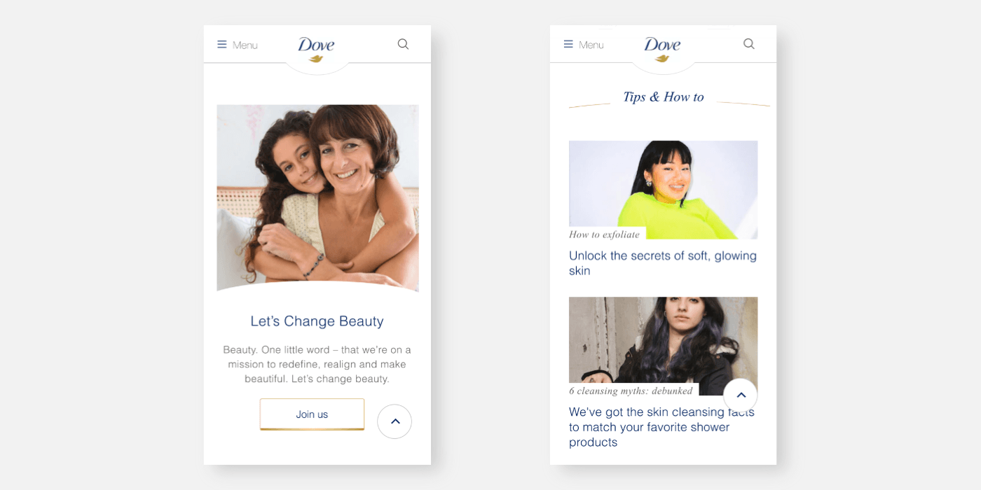 Dove 공식 웹사이트 모바일 화면 — 편안하고 따뜻한 분위기의 모바일 레이아웃