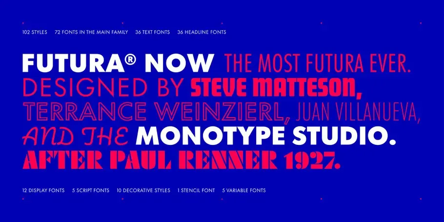 Futura Now 서체 홍보 배너 — 파란색 배경 위에 'FUTURA NOW: THE MOST FUTURA EVER. DESIGNED BY STEVE MATTESON, TERRANCE WEINZIERL, JUAN VILLANUEVA AND THE MONOTYPE STUDIO. AFTER PAUL RENNER 1927.'라는 문구가 굵게 표현되어 있다