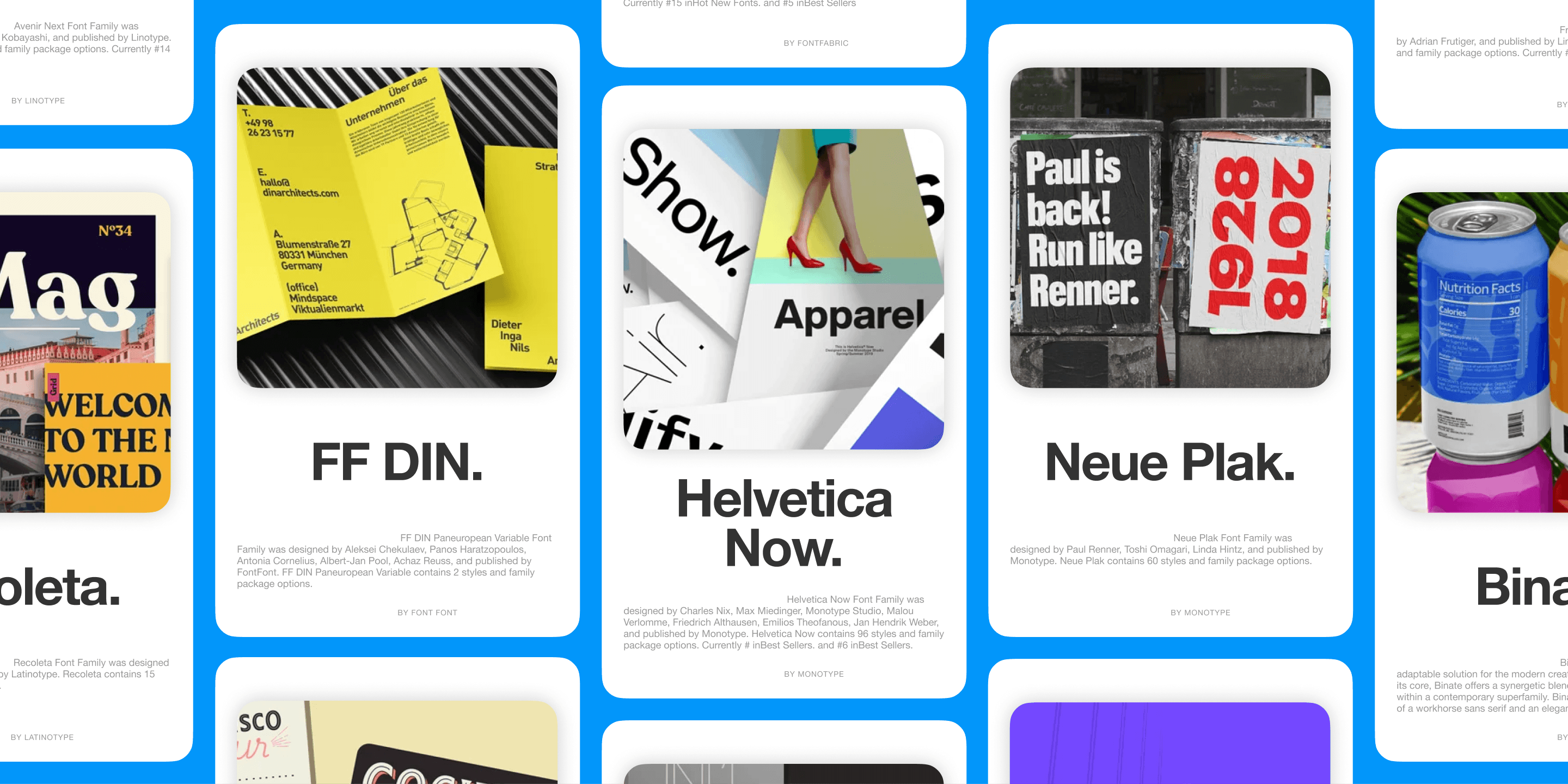 모노타입 (Monotype) 라이브러리의 서체 카드들 — FF DIN, 헬베티카 나우 (Helvetica Now), 노이에 플락 (Neue Plak) 등의 서체가 실제 브랜드 적용 사례 이미지와 함께 놓여 있습니다.