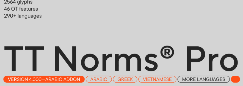 TT Norms Pro typeface showcase featuring font specifications, language support, and design details