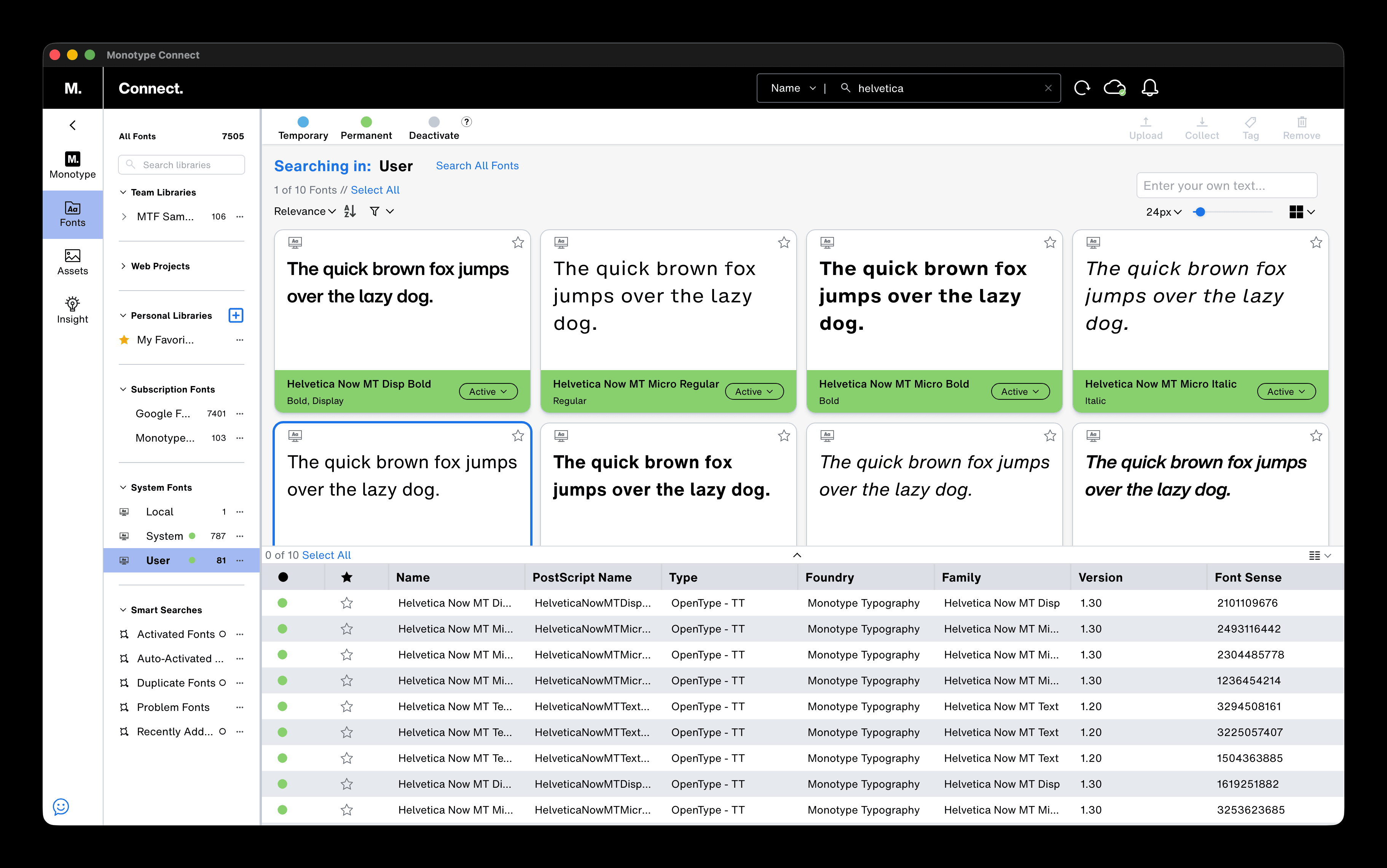 Monotype Connect 应用界面 — 字体浏览、预览、列表管理功能
