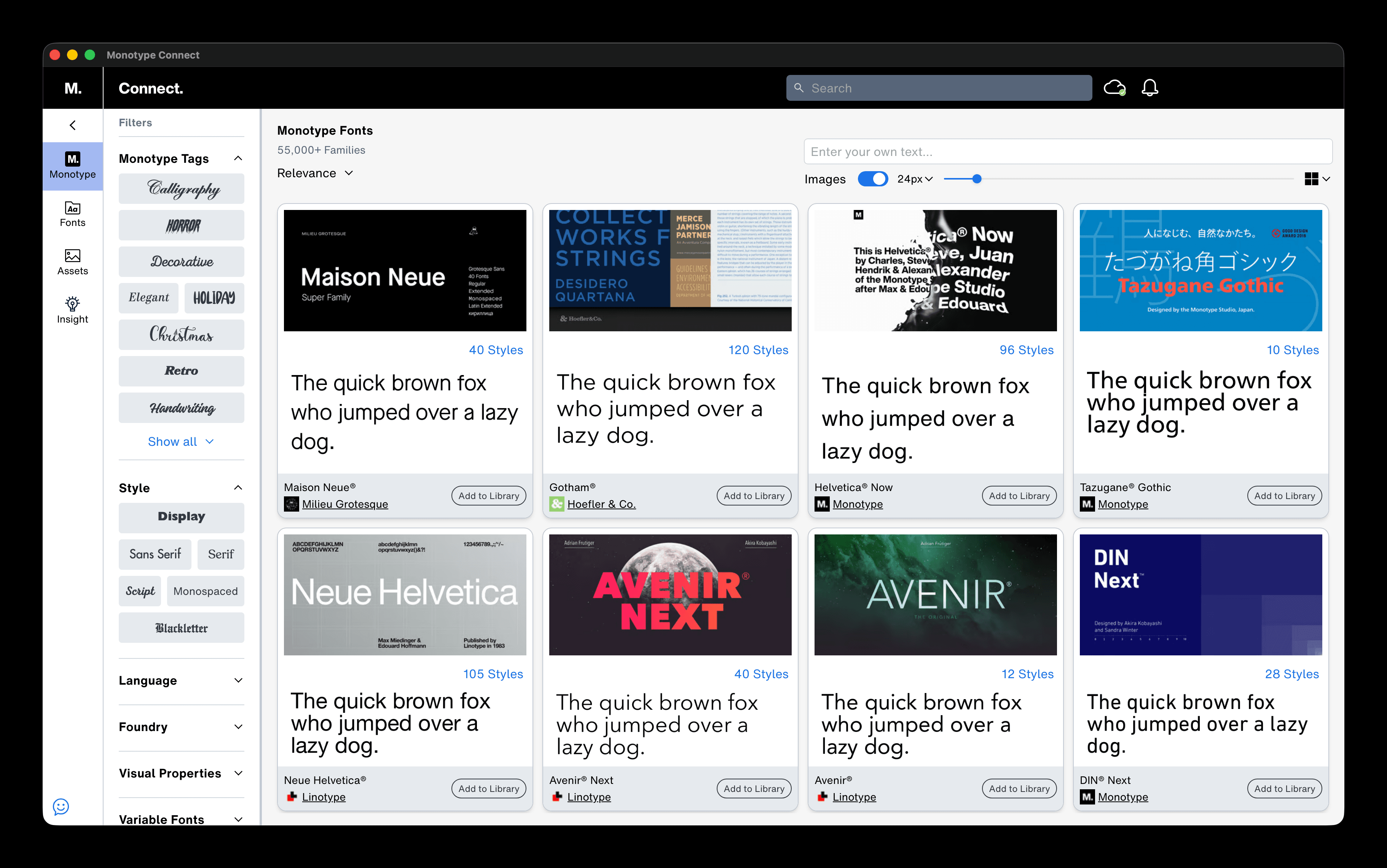 Monotype Connect 界面 — 字体浏览和库管理界面