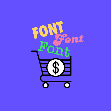 세 가지 서체로 쓴 “font”라는 단어가 달러 기호 동전과 함께 쇼핑 카트로 떨어지는 일러스트
