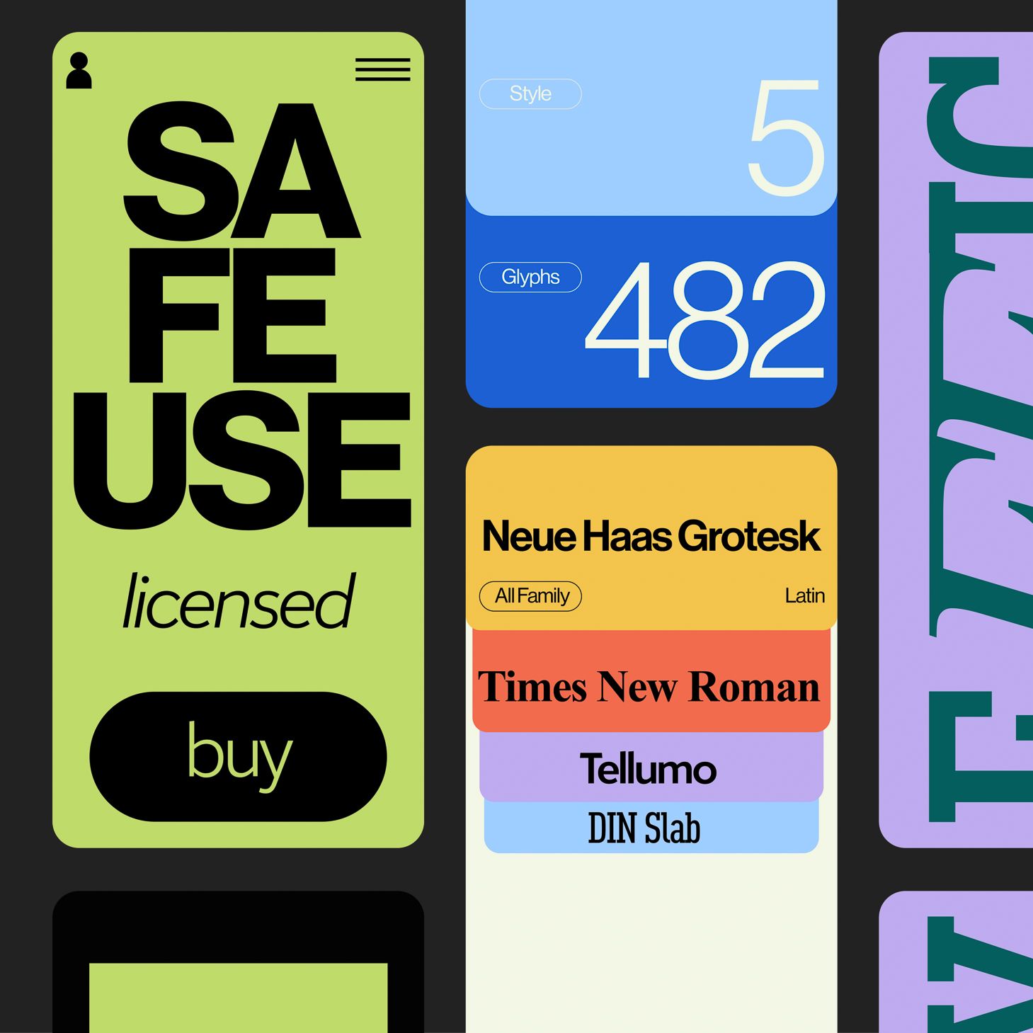 “Safe use, licensed” 구매 화면과 폰트 패밀리 목록 등 타이포그래피가 쓰인 다채로운 앱 화면 콜라주
