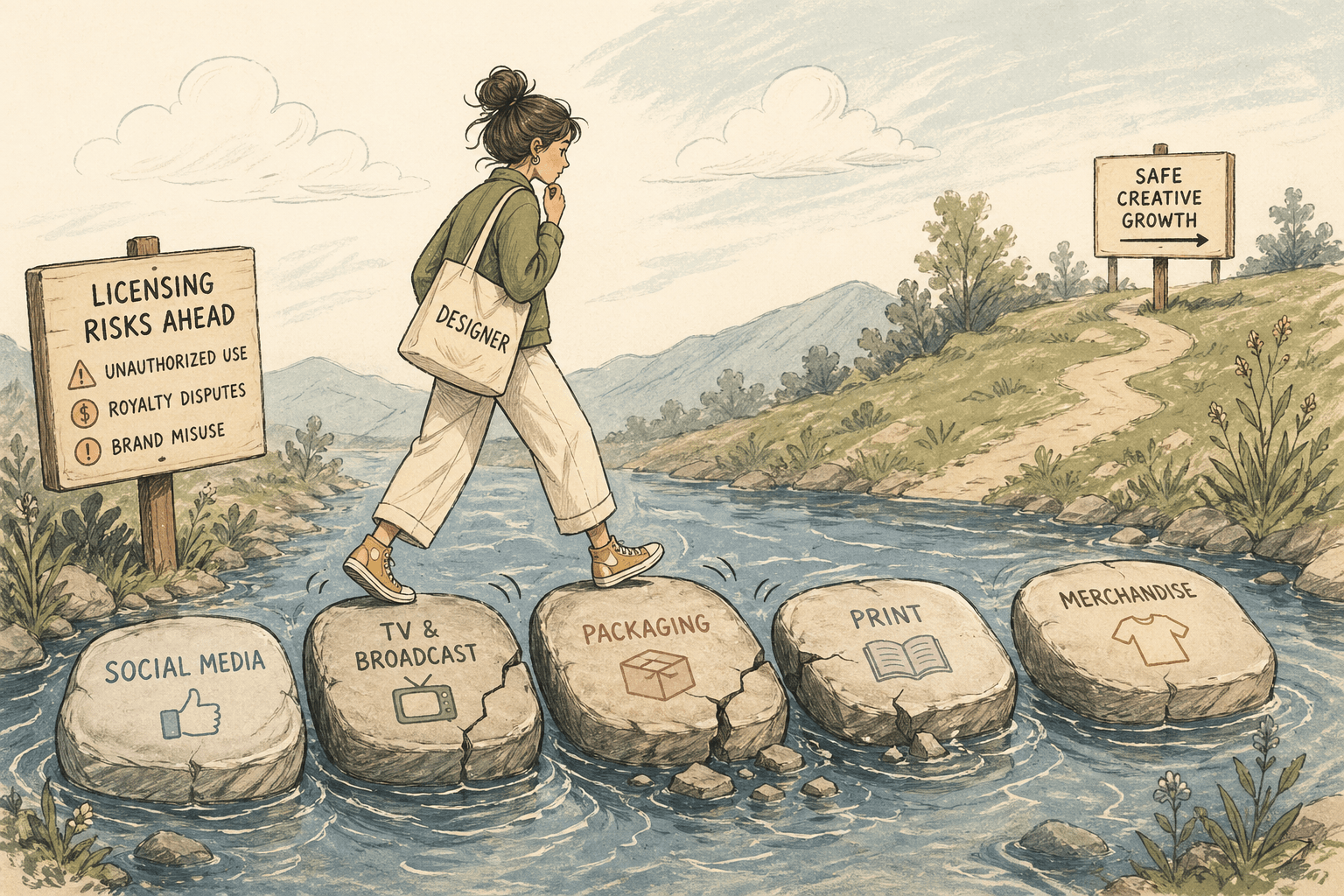 디자이너가 소셜 미디어, TV 방송, 패키지, 인쇄물, 상품 등의 미디어 채널을 디딤돌 삼아 건너가는 일러스트 — 라이선스 위험 표지판과 안전한 크리에이티브 성장 목적지가 보입니다