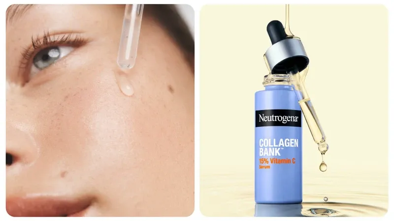 Neutrogena Collagen Bank 비타민 C 세럼 제품과 세럼을 바르는 인물의 클로즈업