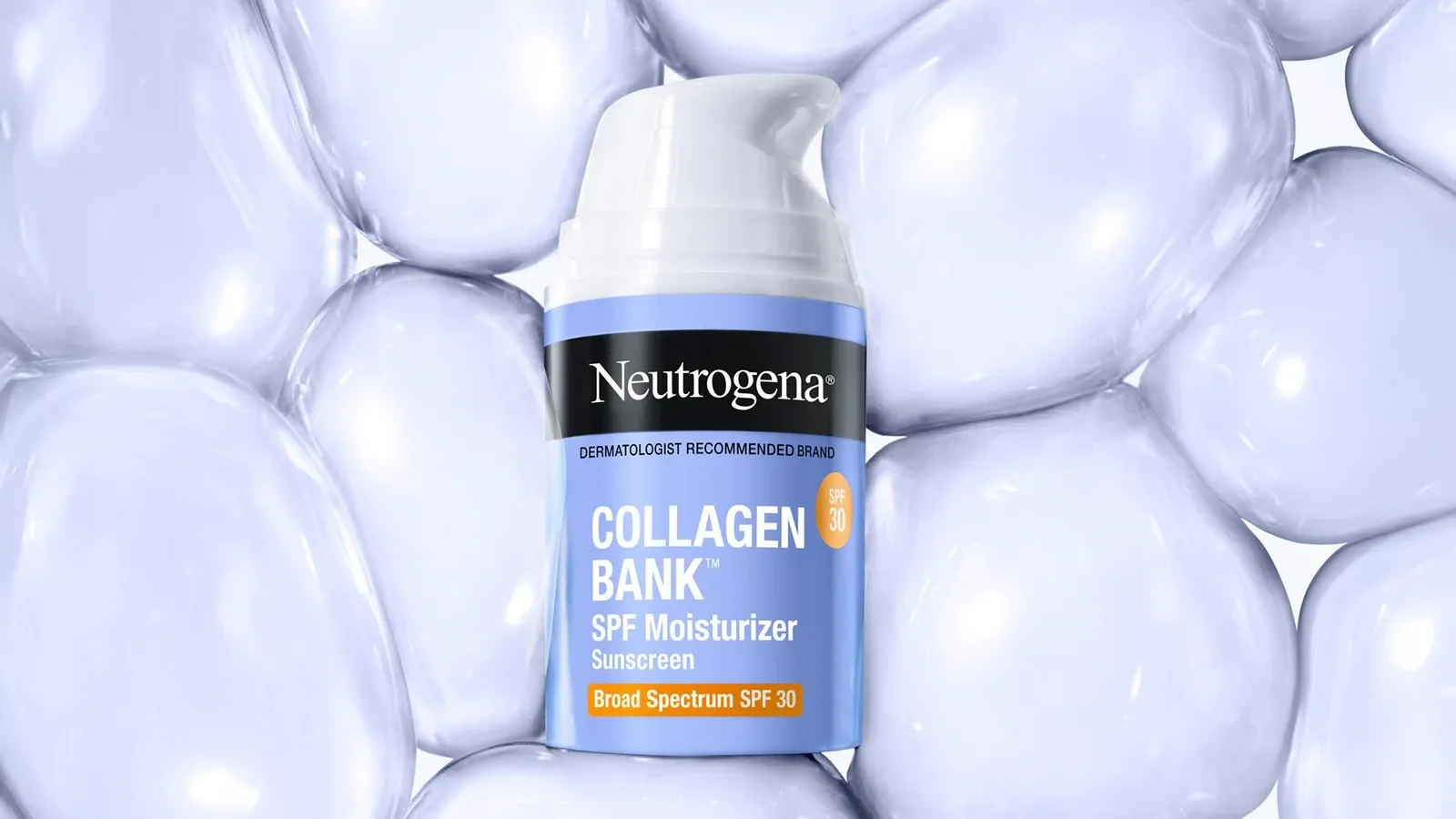 투명한 버블 배경 위에 놓인 Neutrogena Collagen Bank SPF 모이스처라이저 제품 패키지