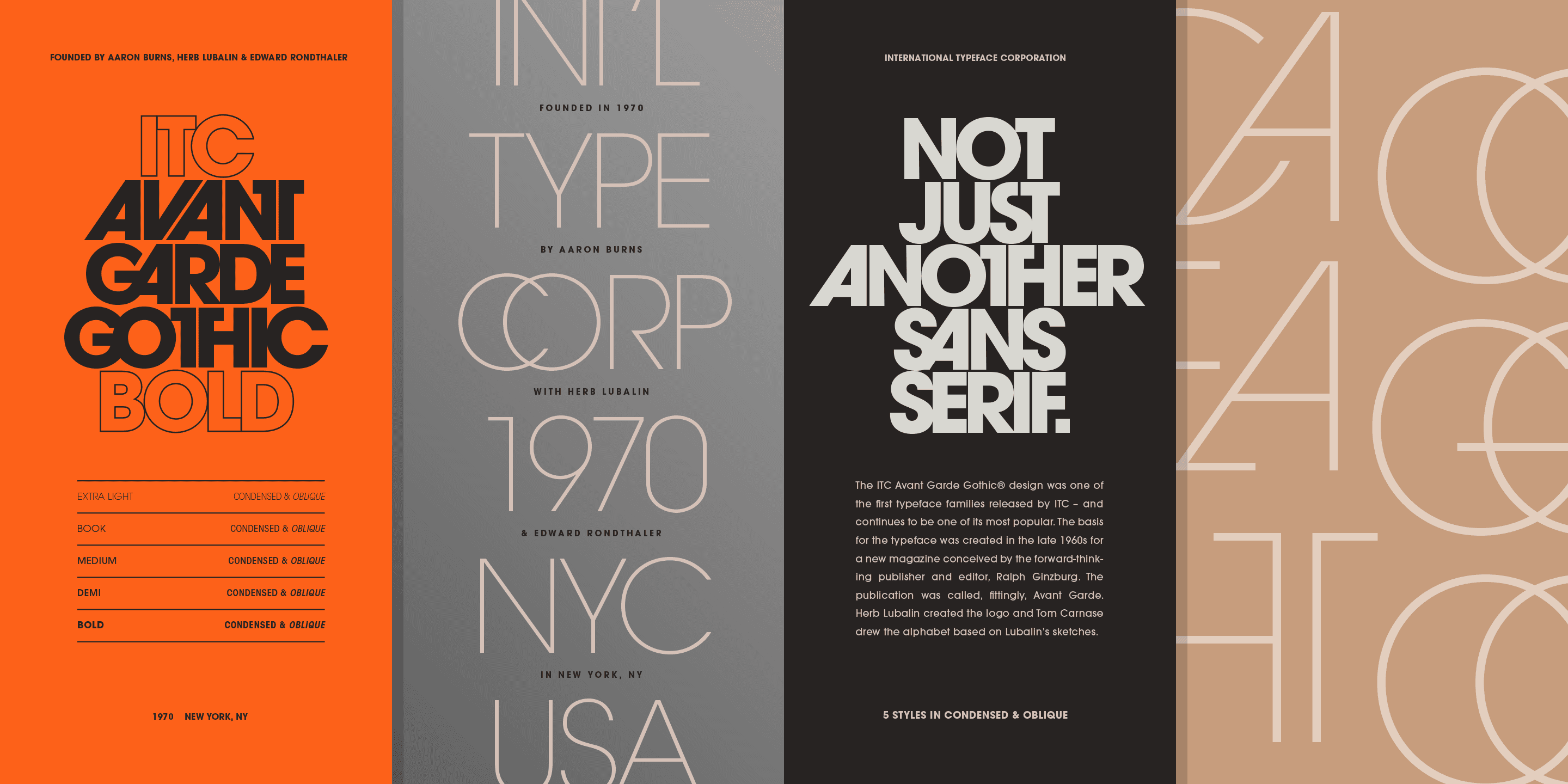 ITC Avant Garde Gothic typeface showcase featuring font history, styles, and design details
