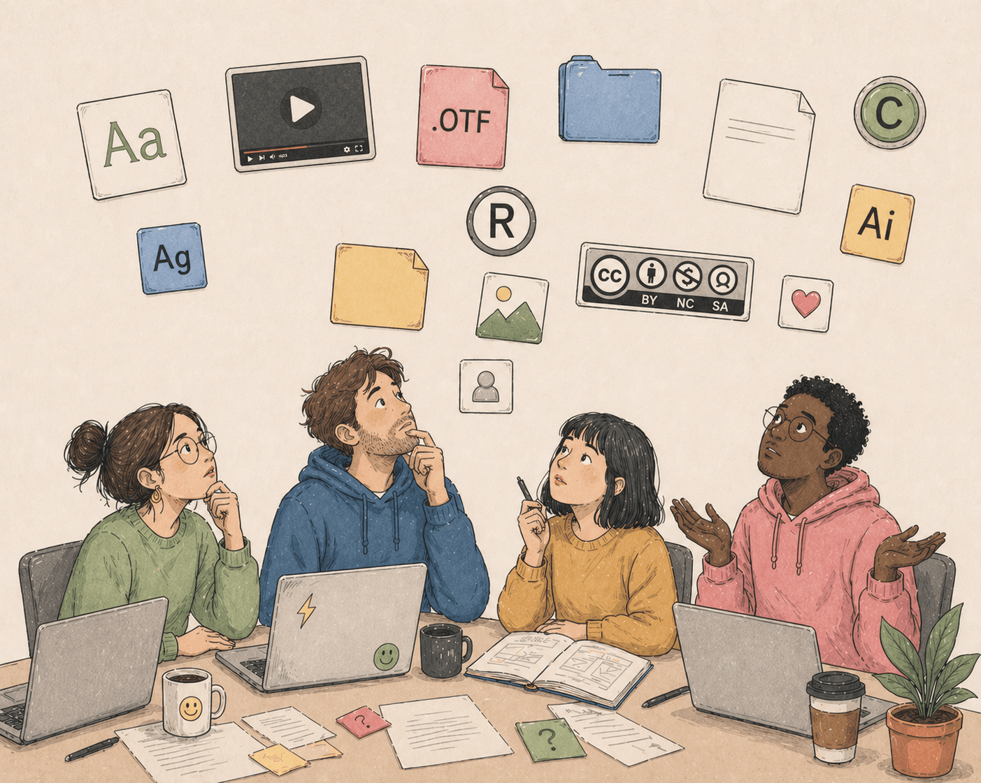 네 명의 크리에이티브 팀원이 테이블에 둘러앉아 .OTF, 저작권, Creative Commons 등 다양한 라이선스 아이콘을 올려다보는 일러스트